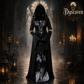 Robe gothique noire longue à capuche femme, corsage orné et manches évasées, costume sorcière vampire Halloween
