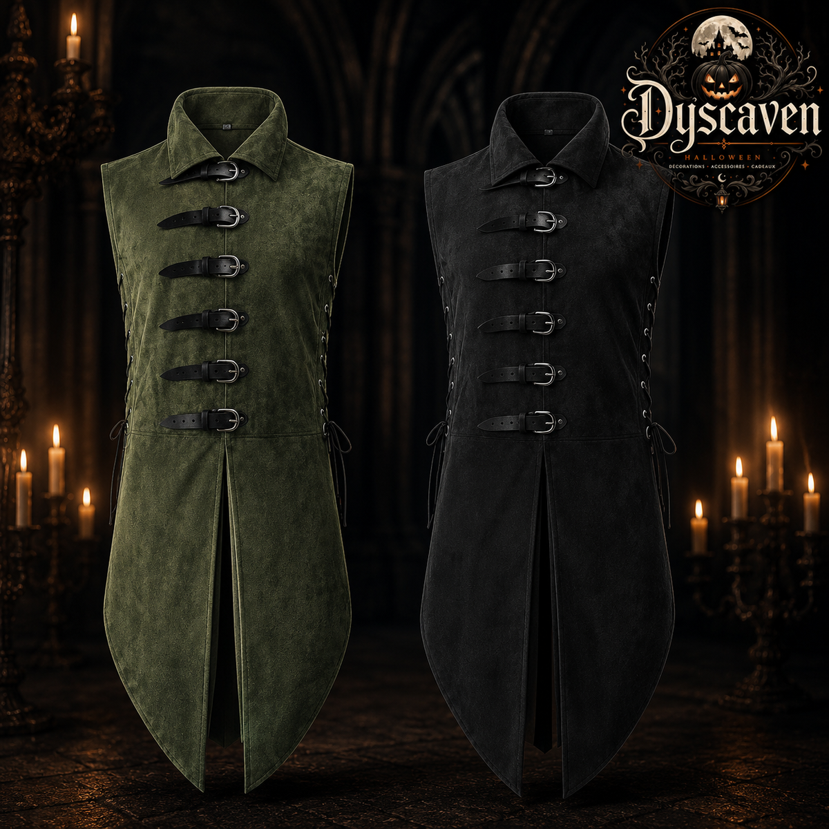 Gilet médiéval long homme noir ou vert, tunique sans manches style ranger assassin, costume LARP Halloween S à XXL